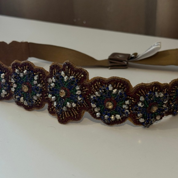 Elastic Waist‎ Belt Flower Beaded Accents Small Gold Brown Boho Indie main image 4
